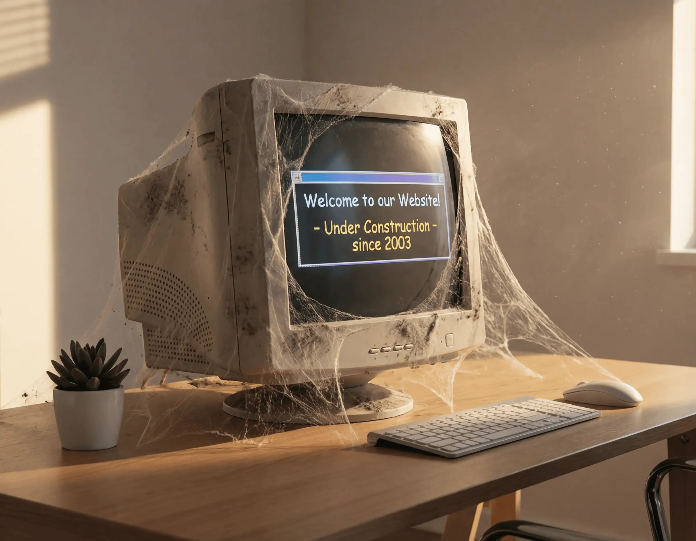 Old CRT computer covered in cobwebs displaying “Welcome to our website, under construction since 2003”