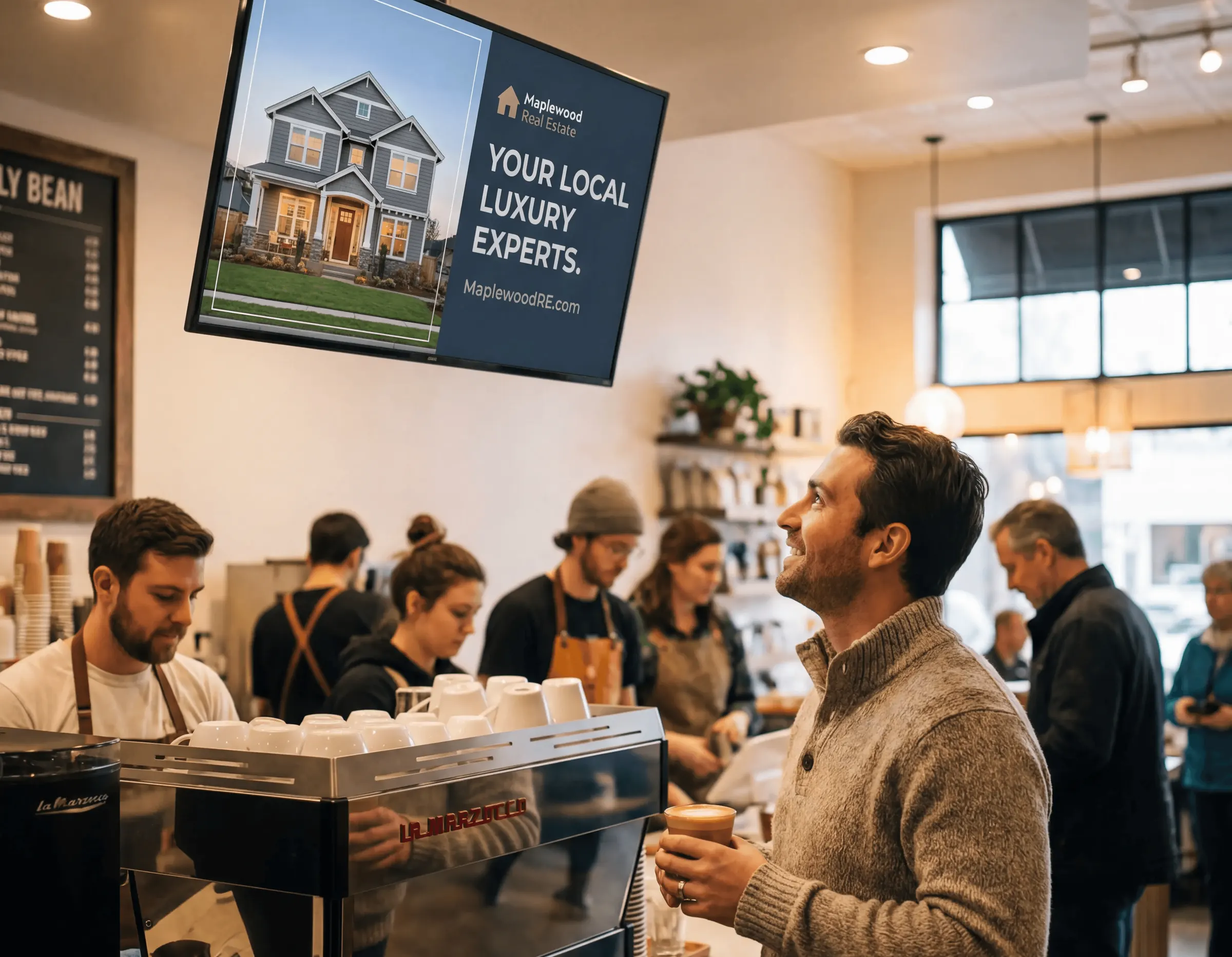 Digital screen inside a café showing a real estate ad while customers order coffee