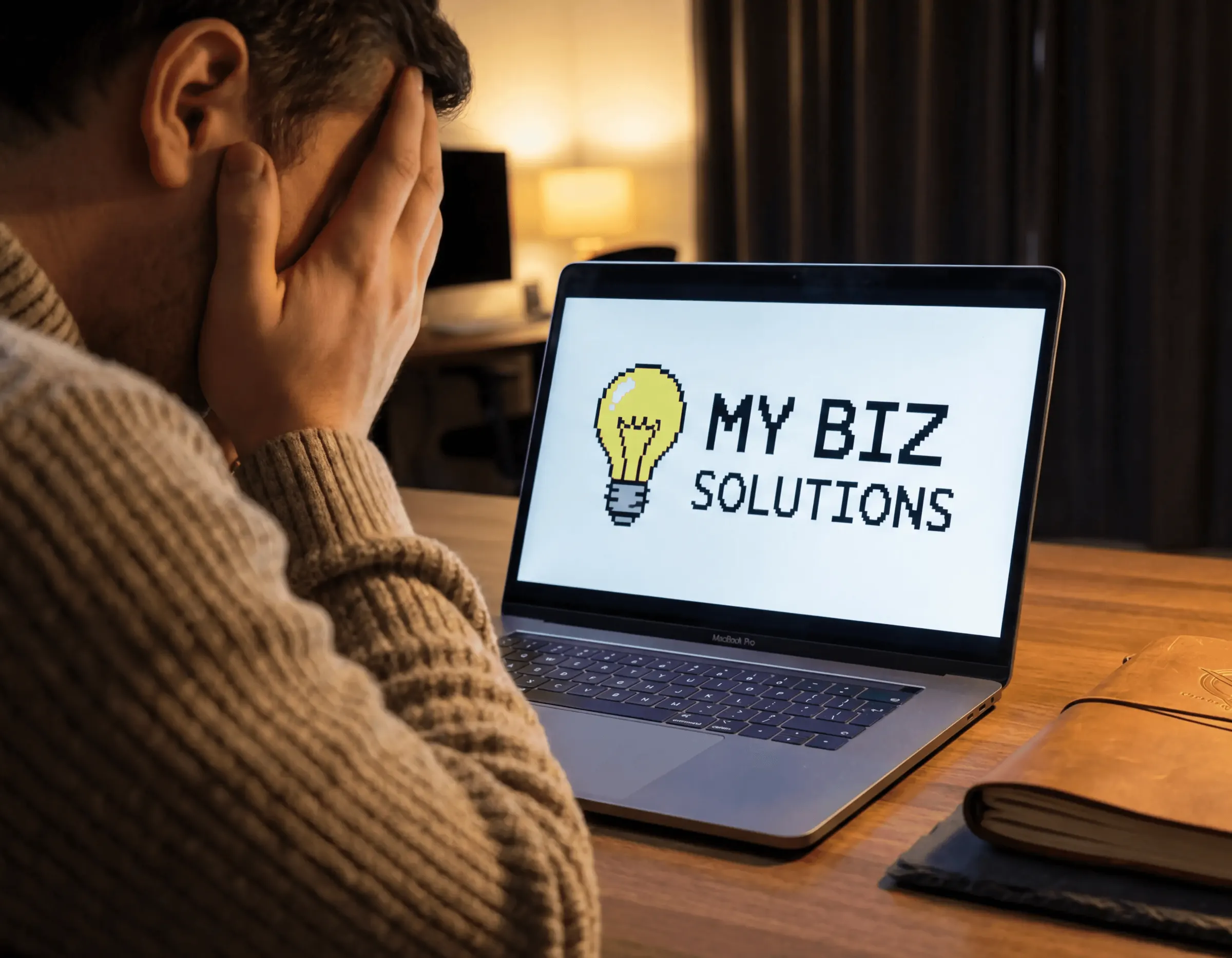 Man with his hand on his face in front of a laptop showing a clip-art business logo