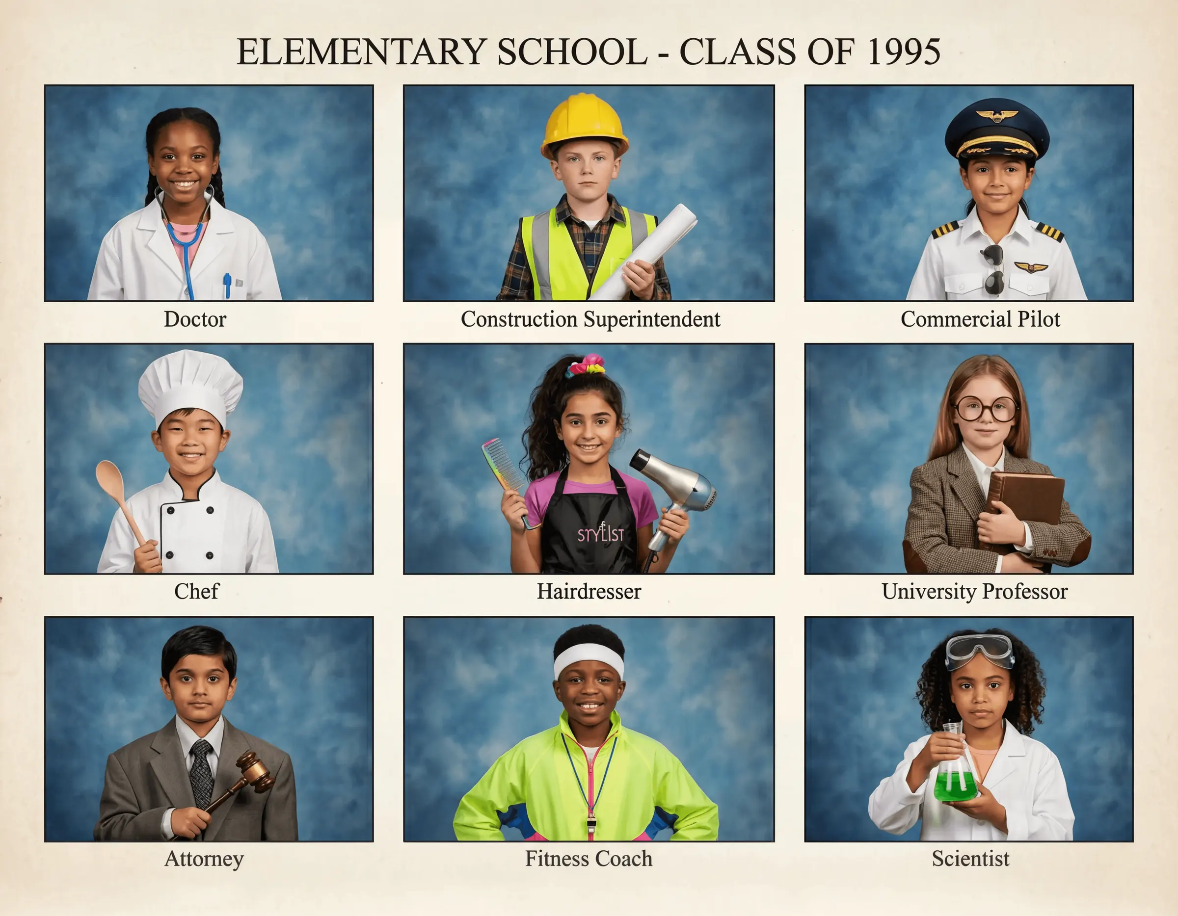 Elementary school class photo, class of 1995, with each child dressed for a future profession