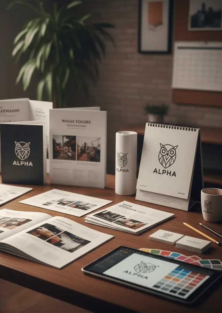 Brand stationery for the ALPHA identity laid out on a desk: cards, folders, a mug and a tablet