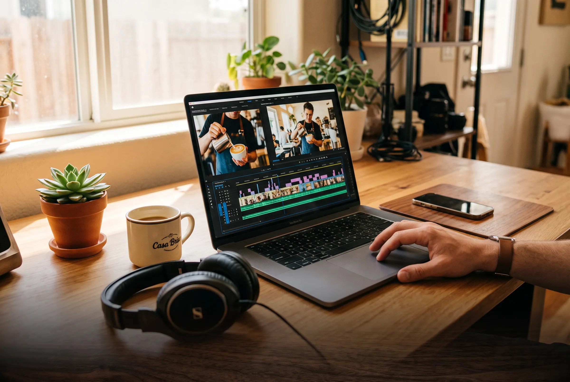 A laptop with a video editing timeline open on a desk by a window