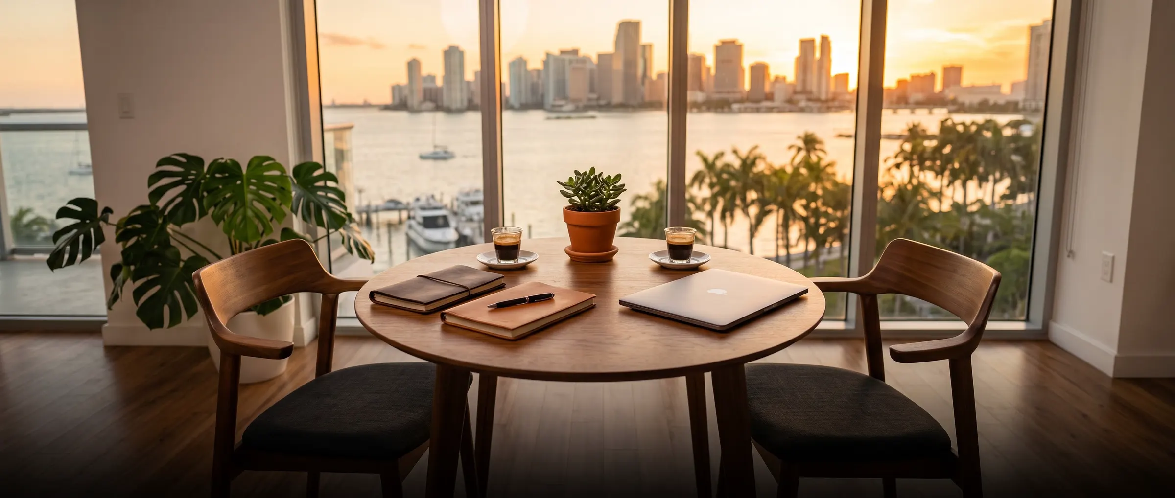 A round table with notebooks and coffee by a window overlooking the Miami skyline at sunset