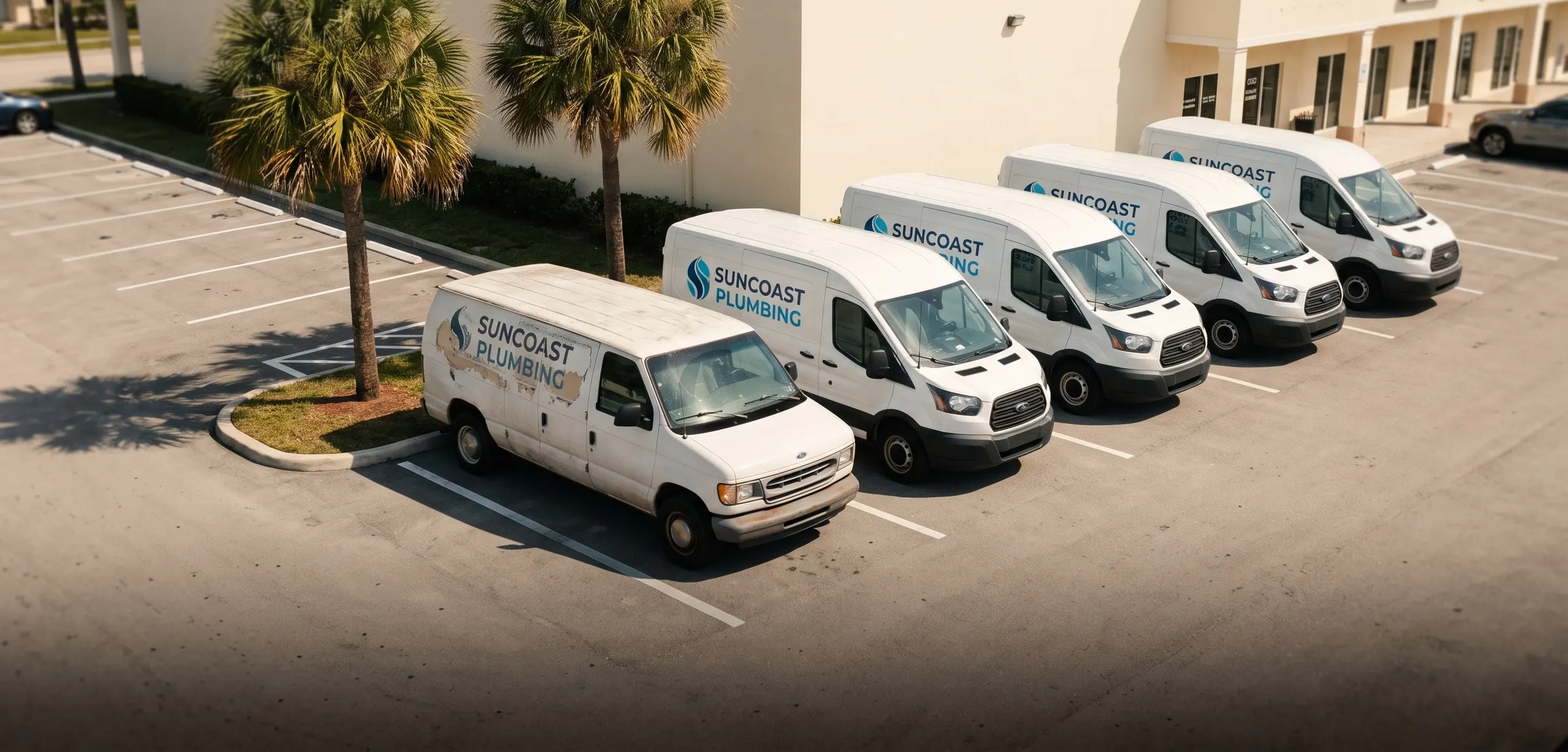 An old van with a peeling, cracked logo parked beside a row of new branded vans