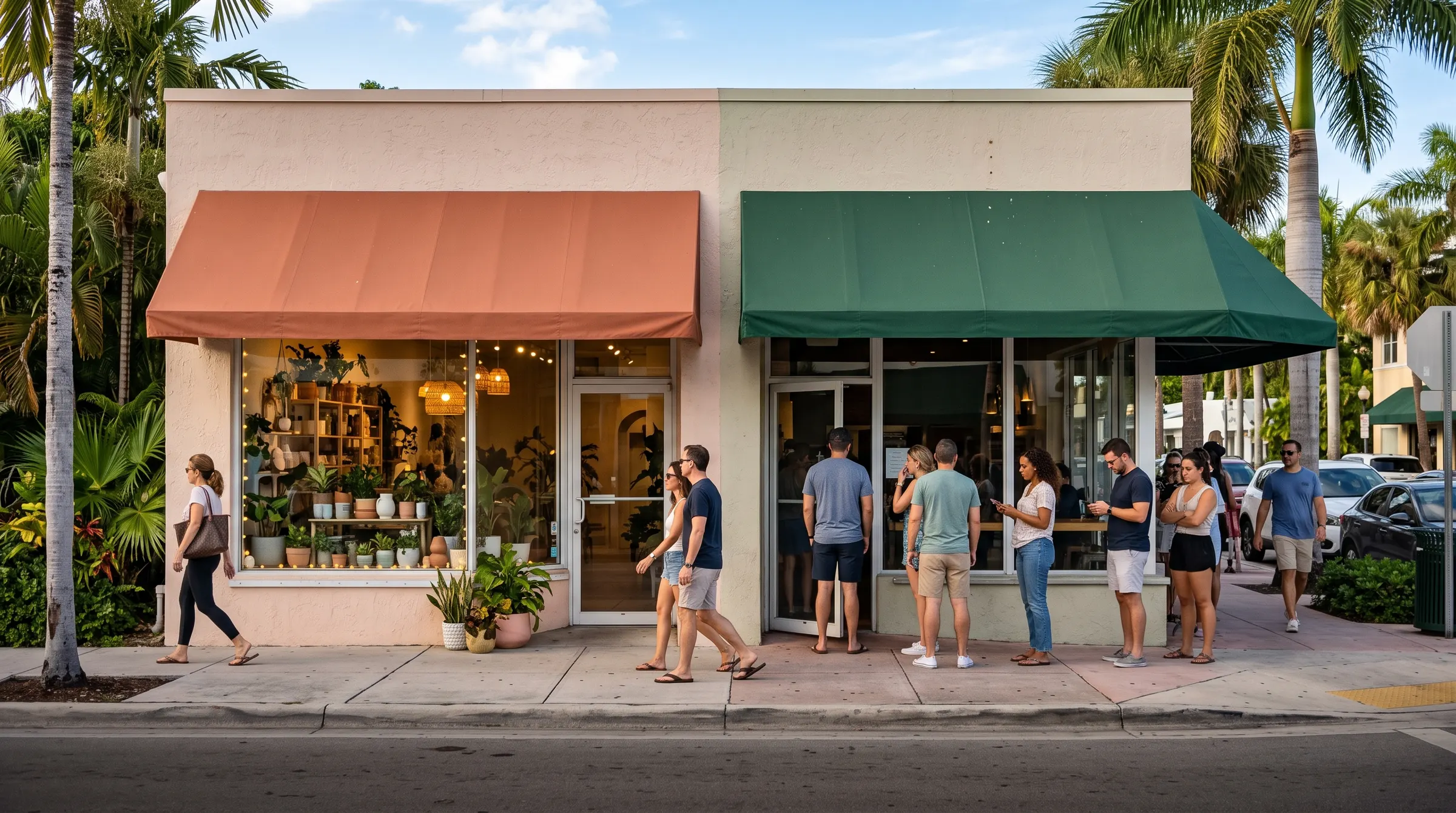 A pretty shop with nobody inside next to a shop with a line of customers at the door