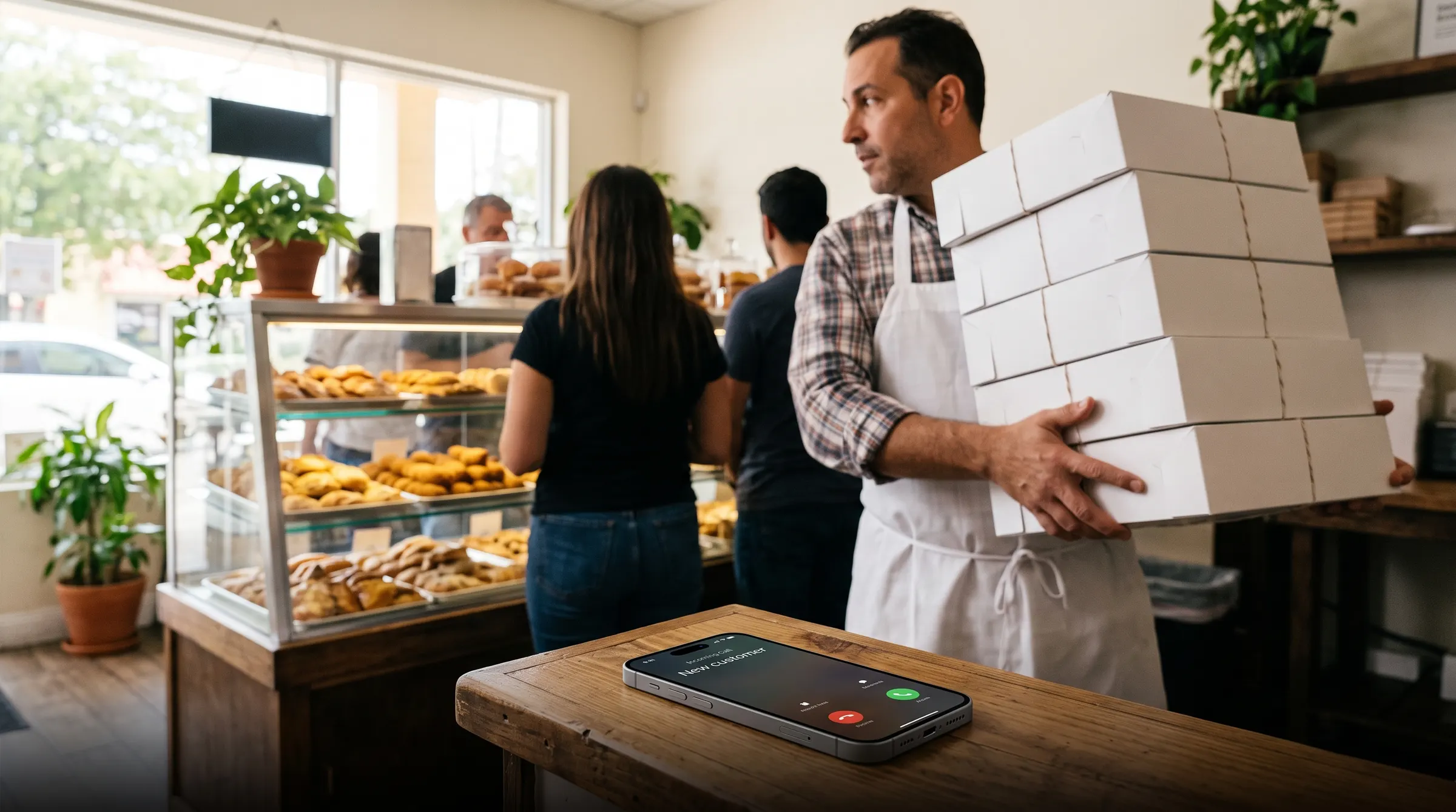 A phone ringing on a bakery counter while the owner walks past carrying a stack of boxes