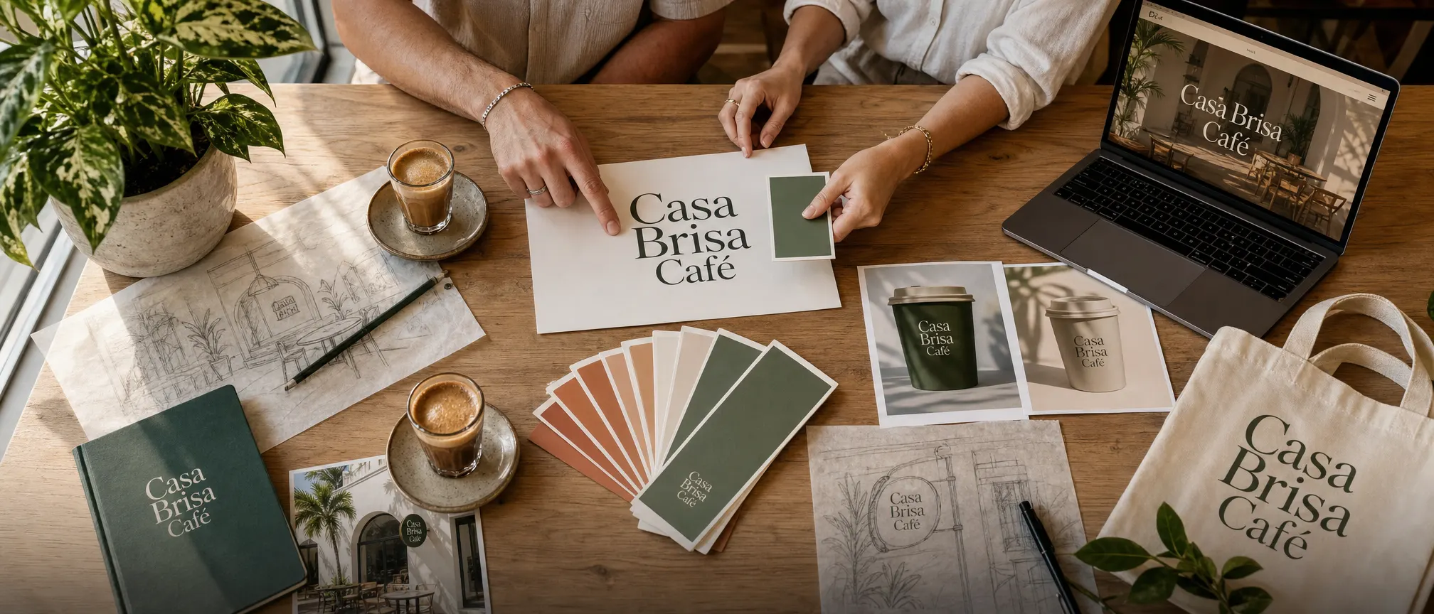 Hands working over a table of brand proofs, colour swatches, a laptop and a tote bag