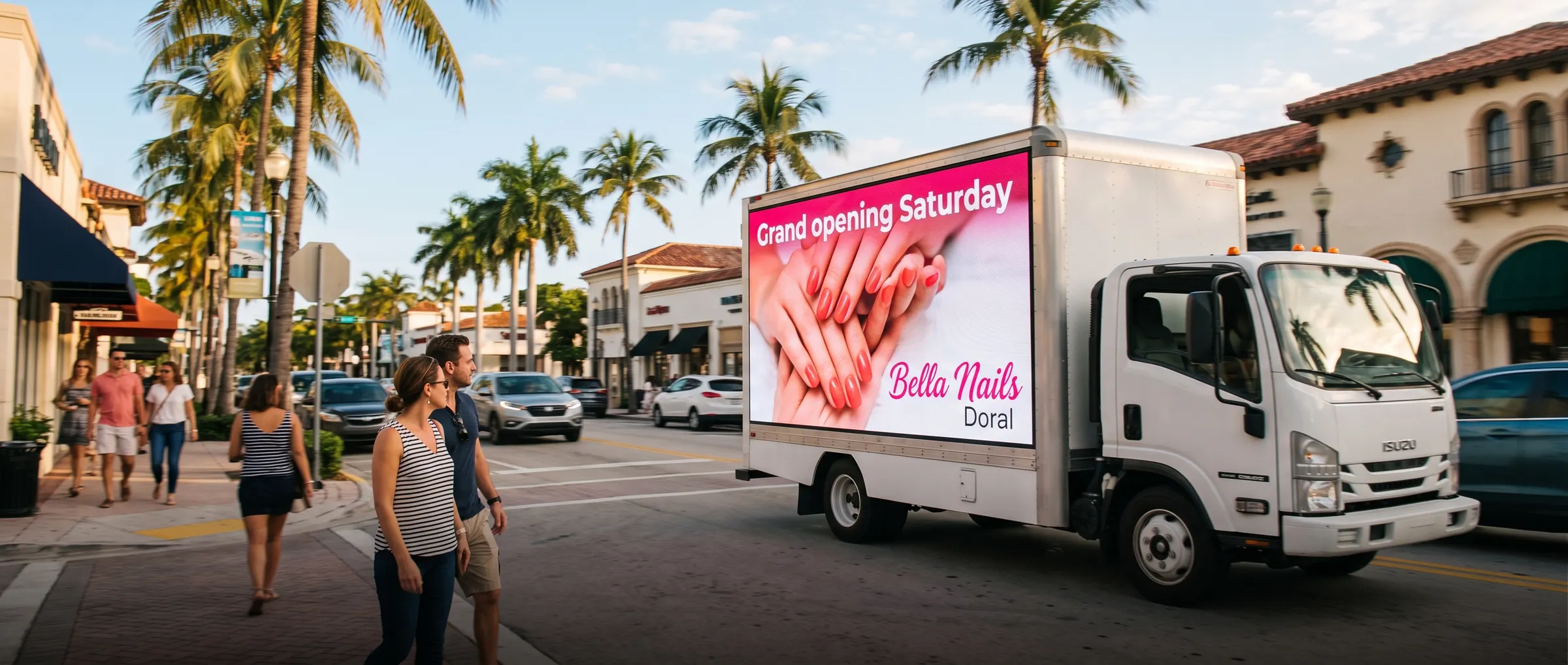 A box truck with a bright LED advertising panel on its side driving down a sunny street