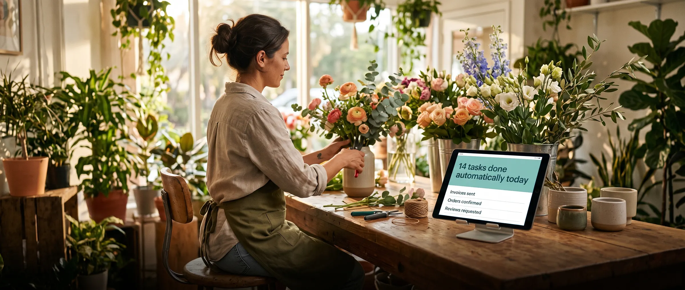A florist arranging flowers while a tablet beside her lists the tasks handled automatically