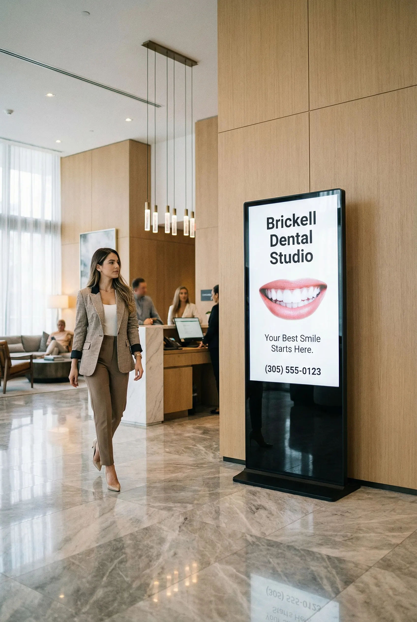 A tall digital display screen standing in a bright office lobby